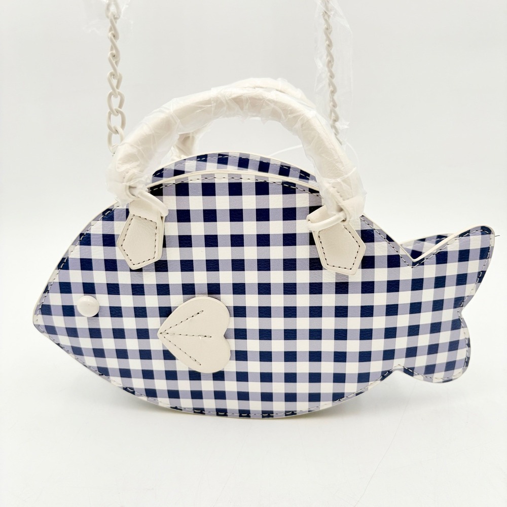 Luv Betsey LBFISH Betsey Johnson Gingham Fish Crossbody Bag Navy Blue White